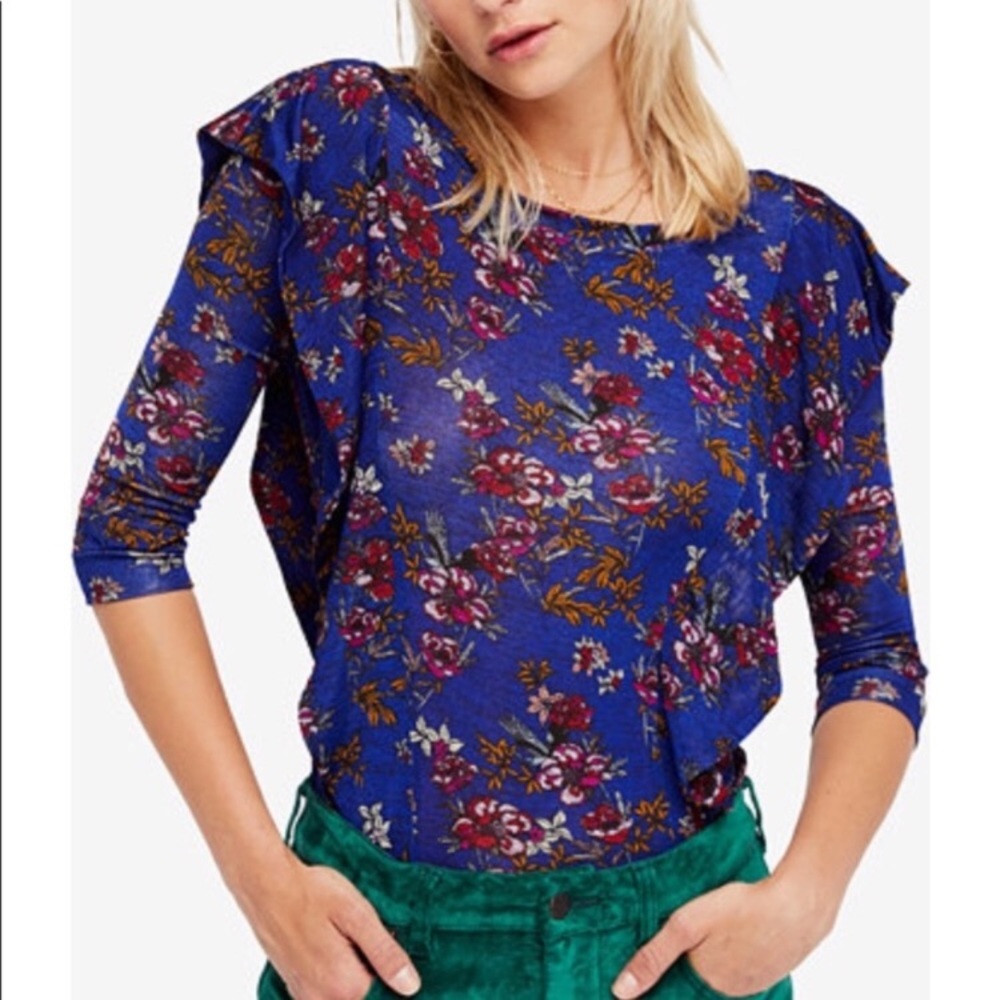 Free People Womens Floral Print Ruffled Blouse